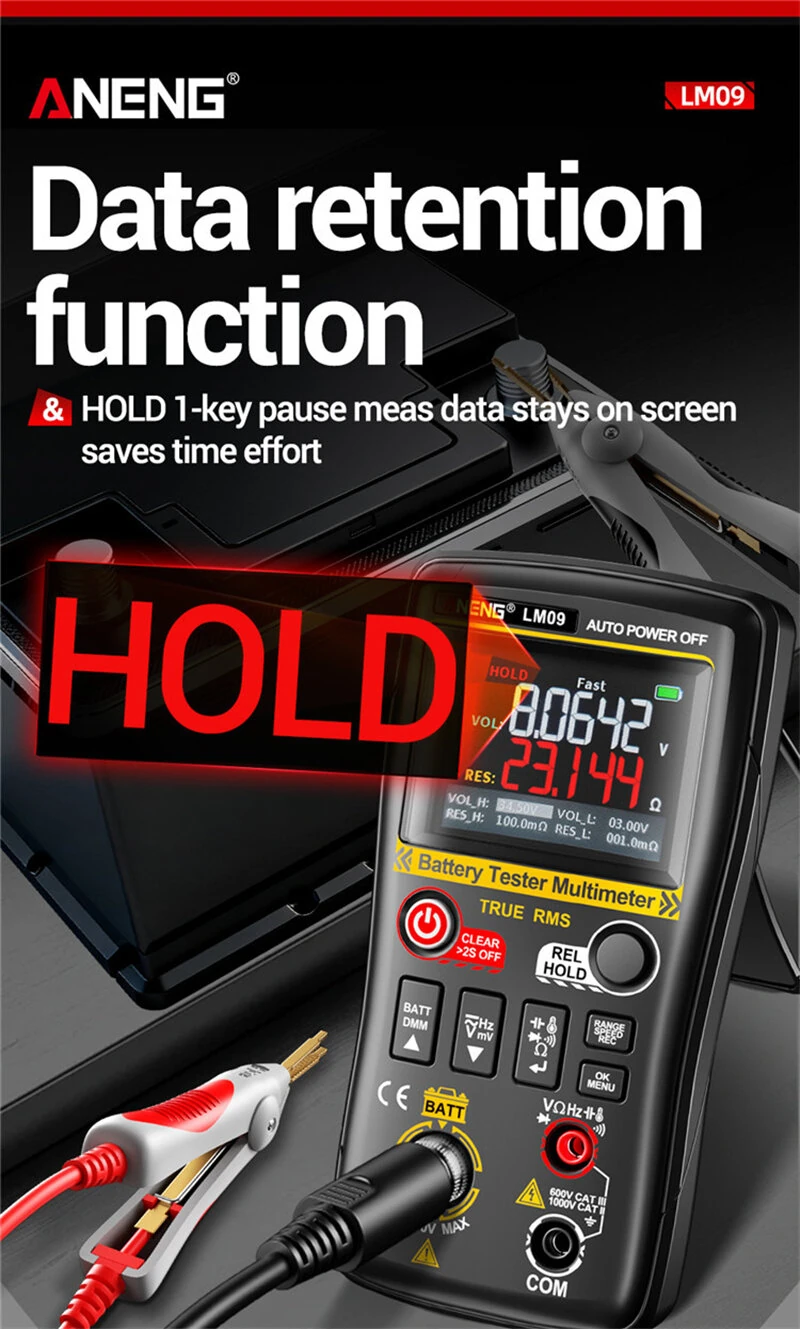 2 IN 1 ANENG LM09 Battery Internal Resistance Tester Multimeter 25000 Counts True RMS Tester Battery IR measurement Data retention Type-C — view 4
