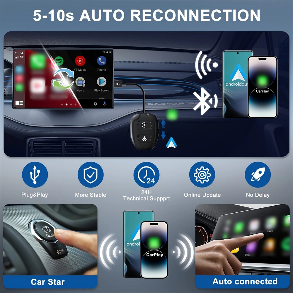 2 IN 1 Car Wireless CarPlay & Android Auto Adapter Plug and Play Compatible All Car Models with USB / USB-C Port — view 5