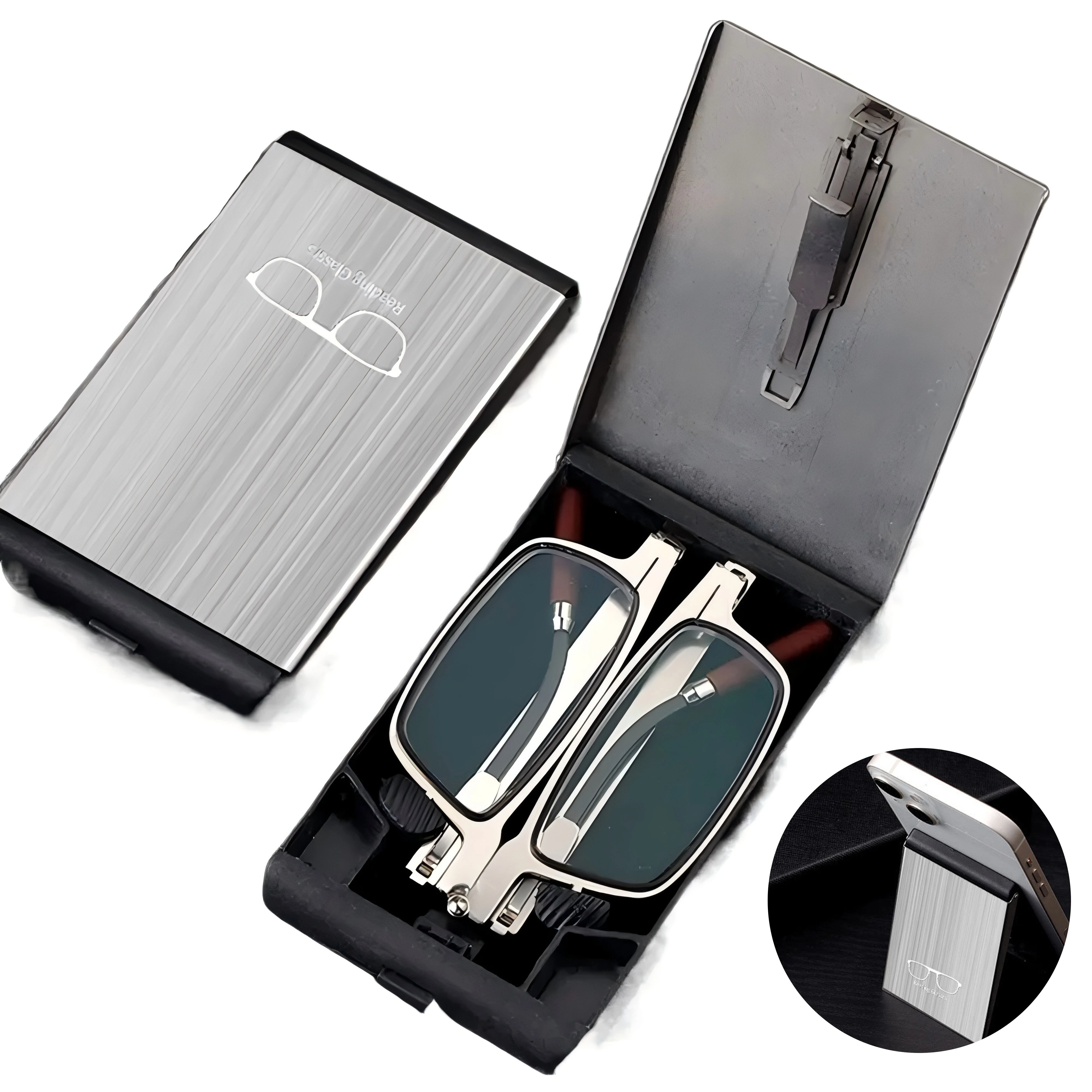 2 in 1 Portable Folding Reading Glasses with Metal Glasses Case Mobile Phone Holder HD Anti-Fatigue Anti-blue Light Presbyopic Glasses — view 11