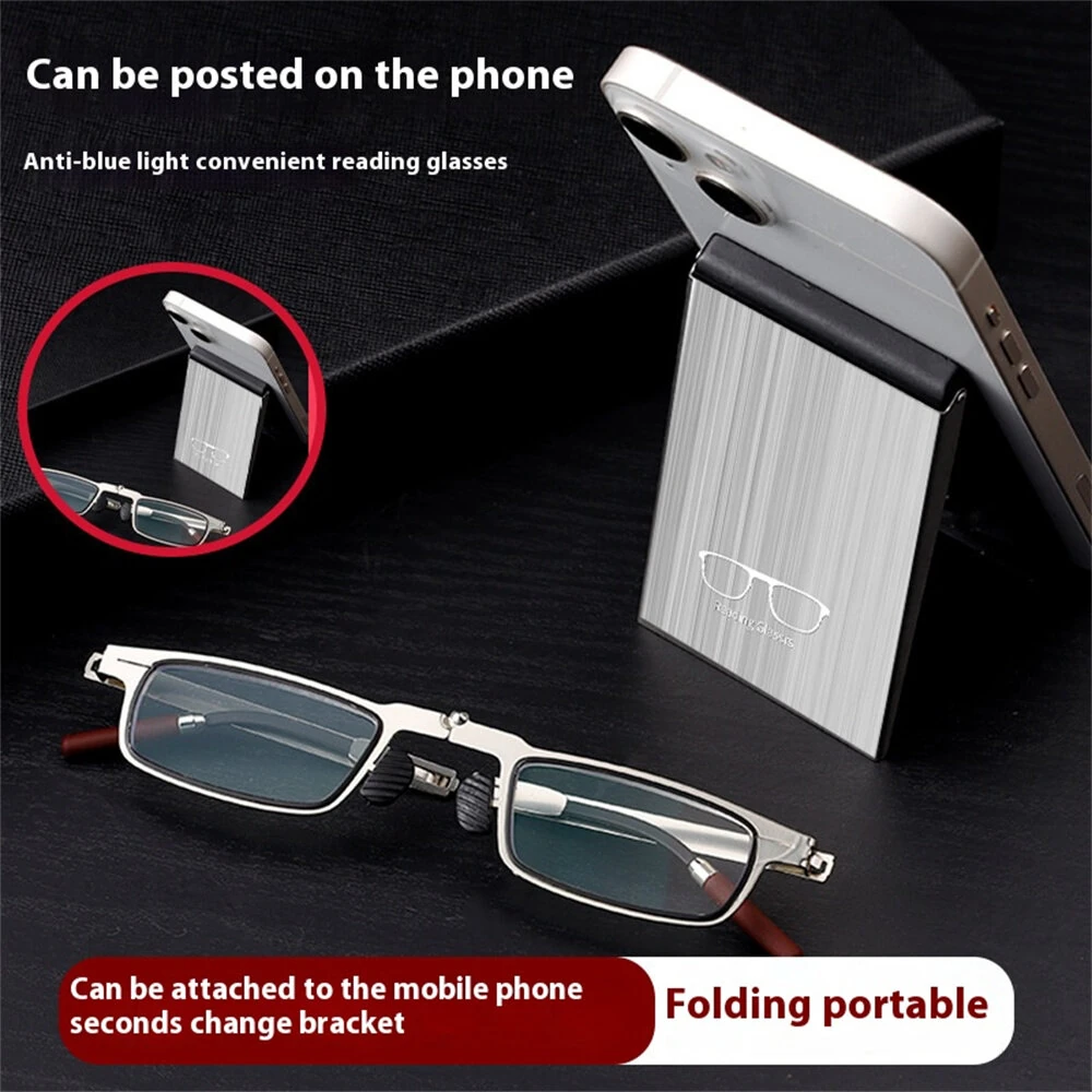 2 in 1 Portable Folding Reading Glasses with Metal Glasses Case Mobile Phone Holder HD Anti-Fatigue Anti-blue Light Presbyopic Glasses — view 3