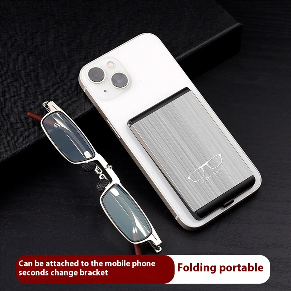 2 in 1 Portable Folding Reading Glasses with Metal Glasses Case Mobile Phone Holder HD Anti-Fatigue Anti-blue Light Presbyopic Glasses — view 6