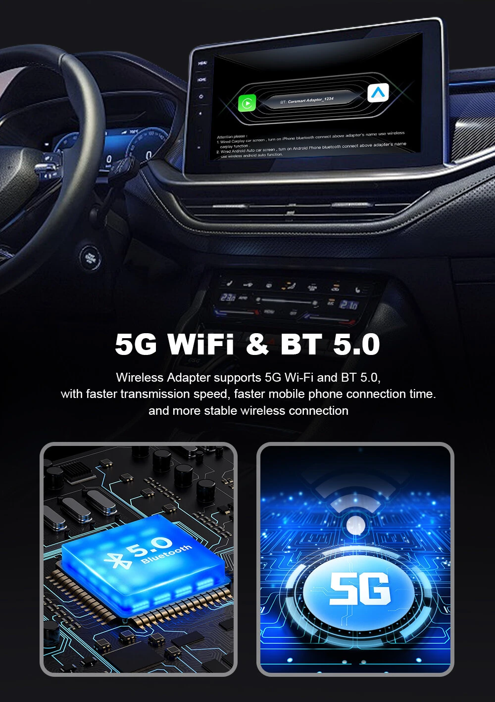 2-in-1 Wireless CarPlay Android Auto Box CP/AA Adapter 5G Wifi & BT 5.0 Support Mobile Phones Vehicles — view 5