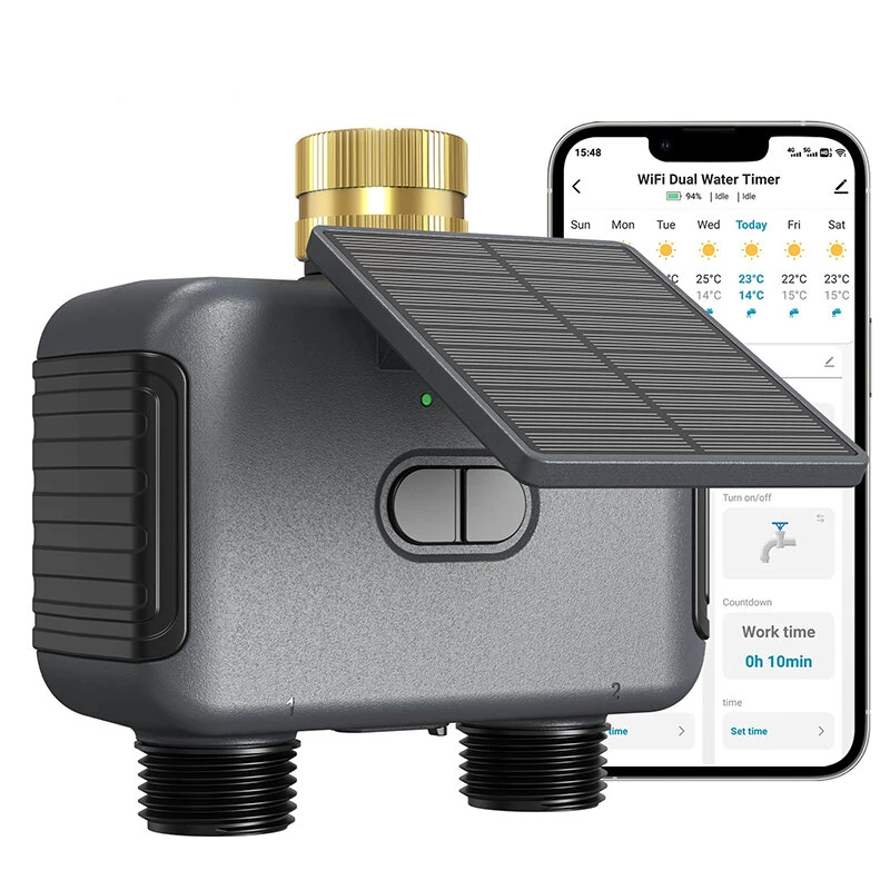 2 Zone WiFi Water Timer Smart Irrigation Timer Water Valve Controller Solar Powered Smart Life App 2000mAh Battery USB-C Charging 0.05-0.8MPa Water Pressure Auto Watering Timer — image 1