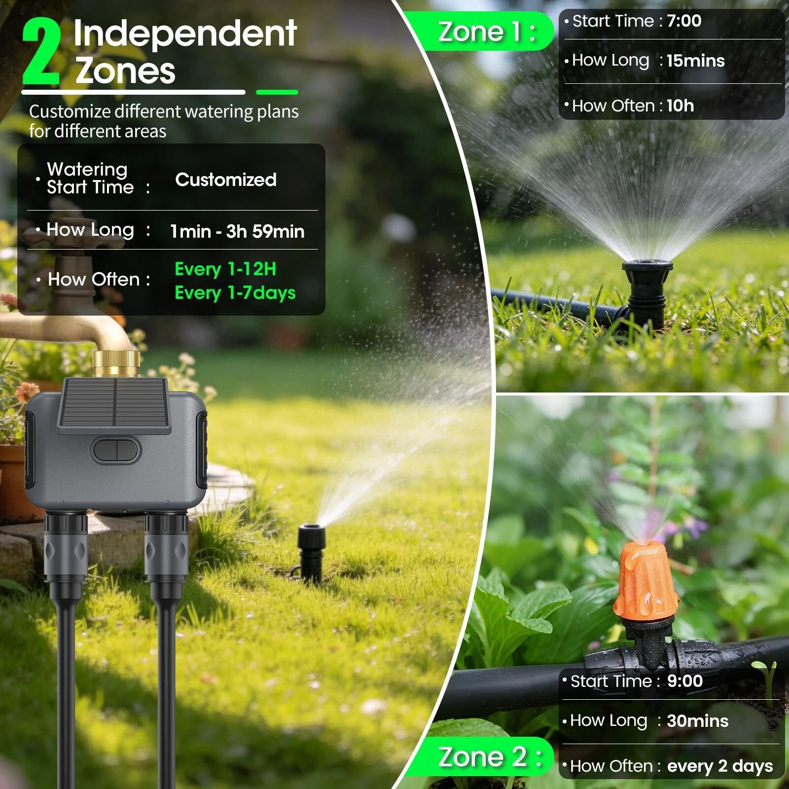 2 Zone WiFi Water Timer Smart Irrigation Timer Water Valve Controller  Solar Powered  Smart Life App 2000mAh Battery USB-C Charging 0.05-0.8MPa Water Pressure Auto Watering Timer — view 3