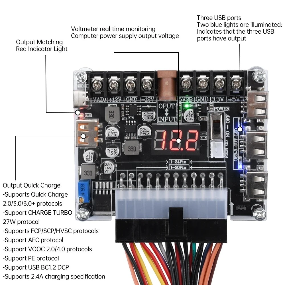 20/24Pin ATX Power Transfer Board Digital Voltage Display Multi-Output 5V-12V USB PD Fast Charging Adjustable Voltage Module with DC Socket for Electronics Testing Multi-Device Charging — view 2
