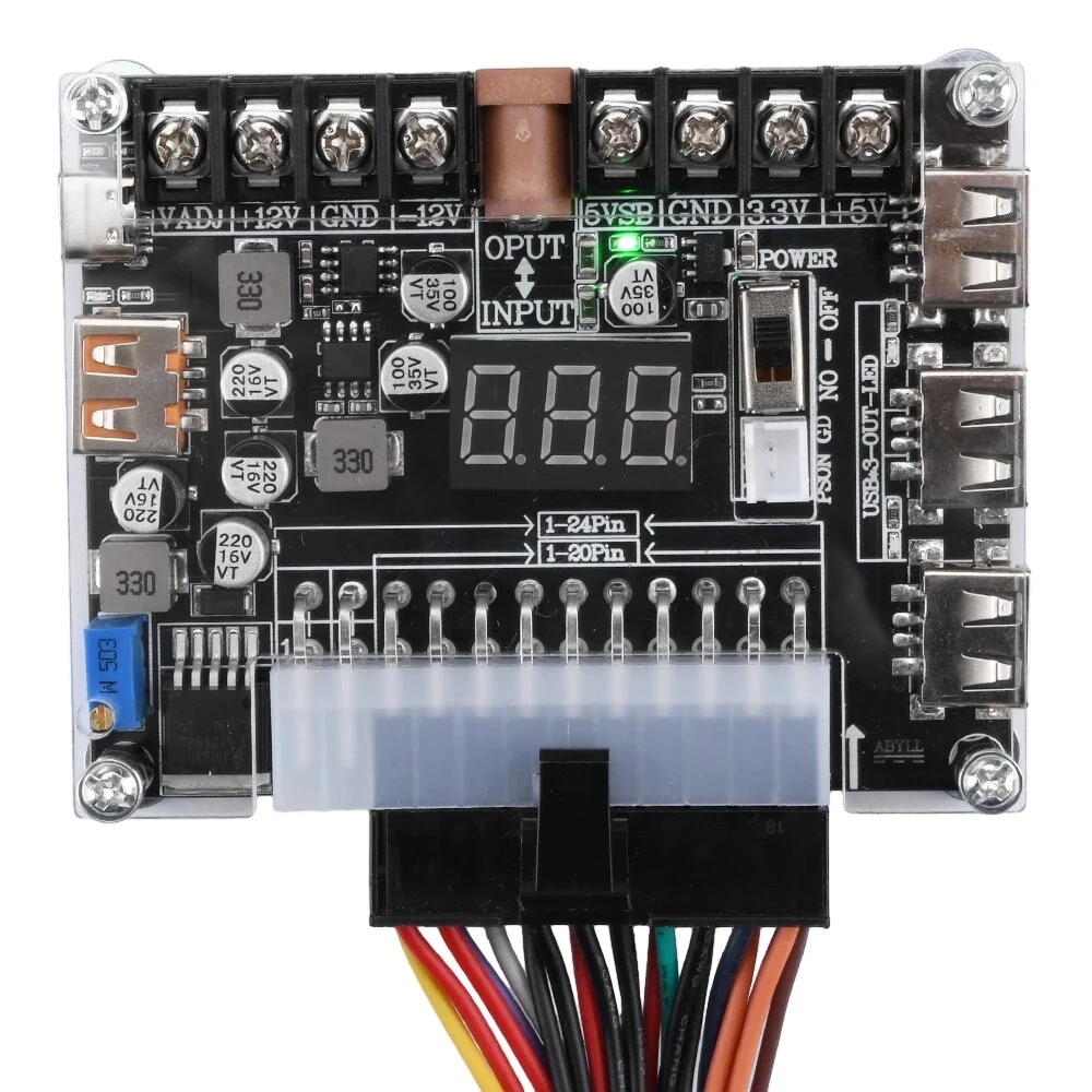 20/24Pin ATX Power Transfer Board Digital Voltage Display Multi-Output 5V-12V USB PD Fast Charging Adjustable Voltage Module with DC Socket for Electronics Testing Multi-Device Charging — view 5