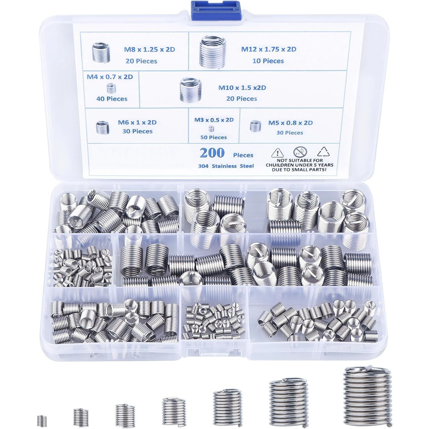 200Pcs 304 Stainless Steel Wire Thread Inserts Assortment Kit M3 M4 M5 M6 M8 M10 M12 Helical Coiled Metric Thread Repair Insert Set — image 1