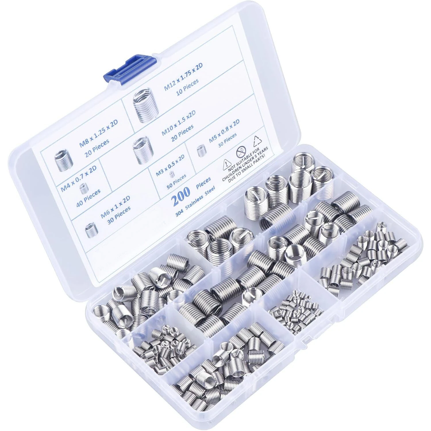 200Pcs 304 Stainless Steel Wire Thread Inserts Assortment Kit M3 M4 M5 M6 M8 M10 M12 Helical Coiled Metric Thread Repair Insert Set — view 5