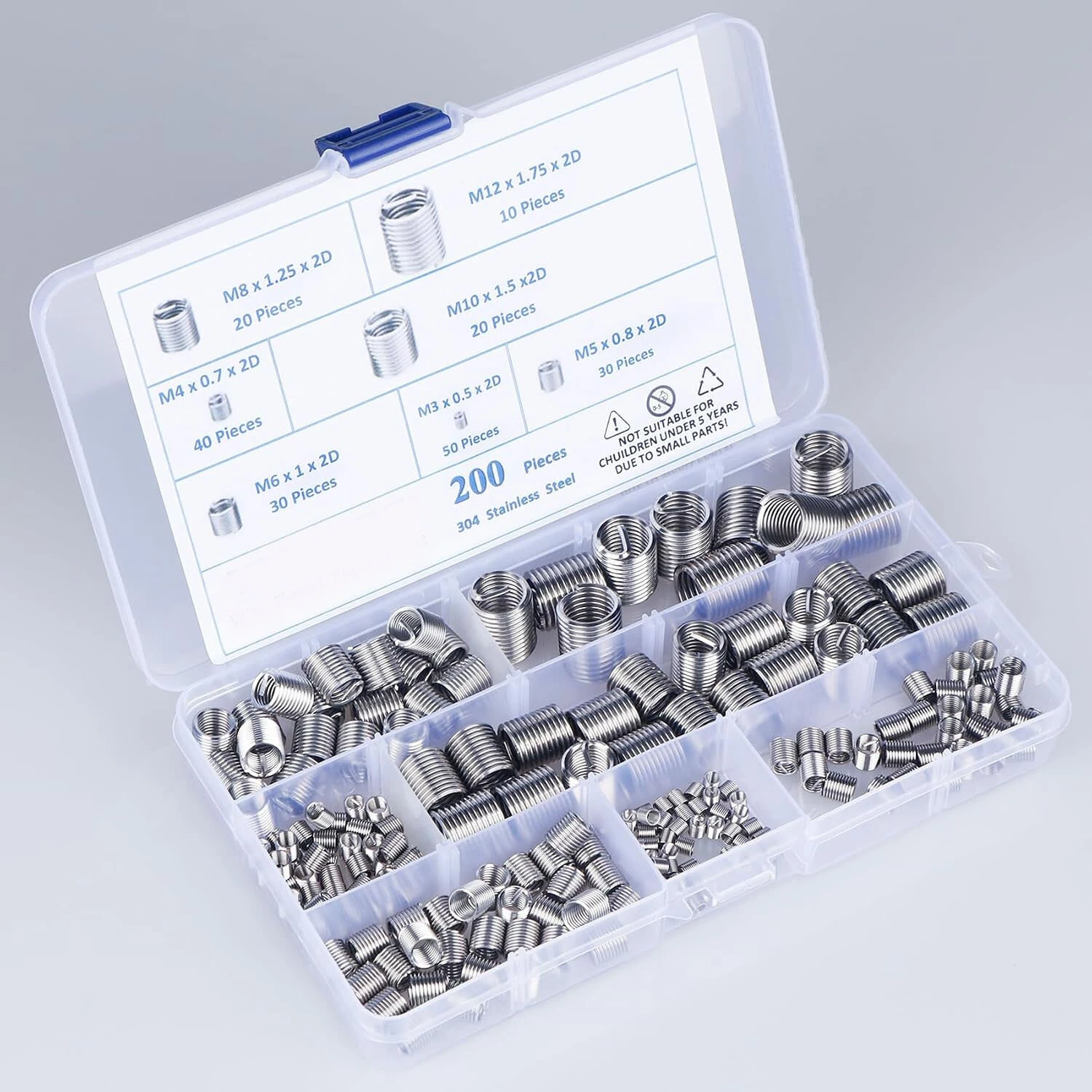 200Pcs 304 Stainless Steel Wire Thread Inserts Assortment Kit M3 M4 M5 M6 M8 M10 M12 Helical Coiled Metric Thread Repair Insert Set — view 6