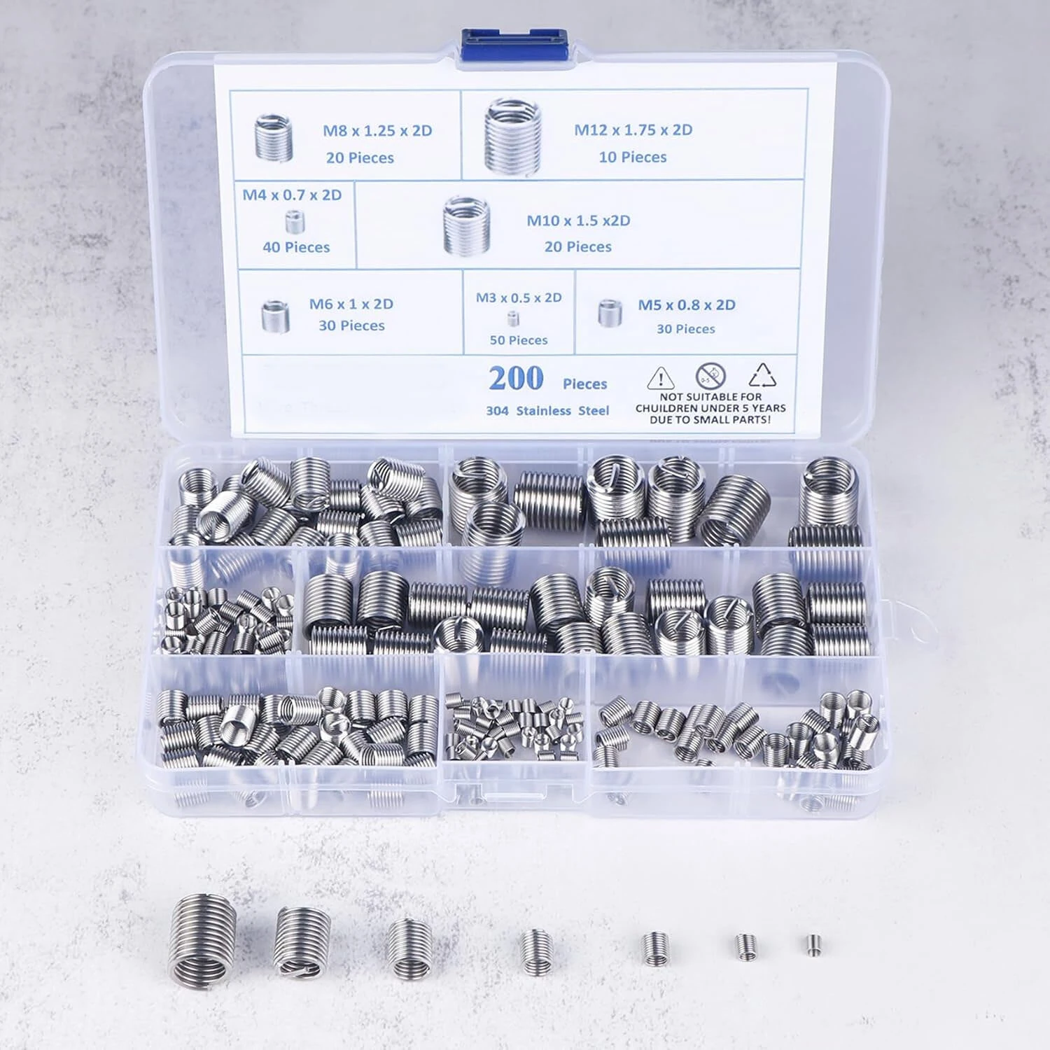 200Pcs 304 Stainless Steel Wire Thread Inserts Assortment Kit M3 M4 M5 M6 M8 M10 M12 Helical Coiled Metric Thread Repair Insert Set — view 7