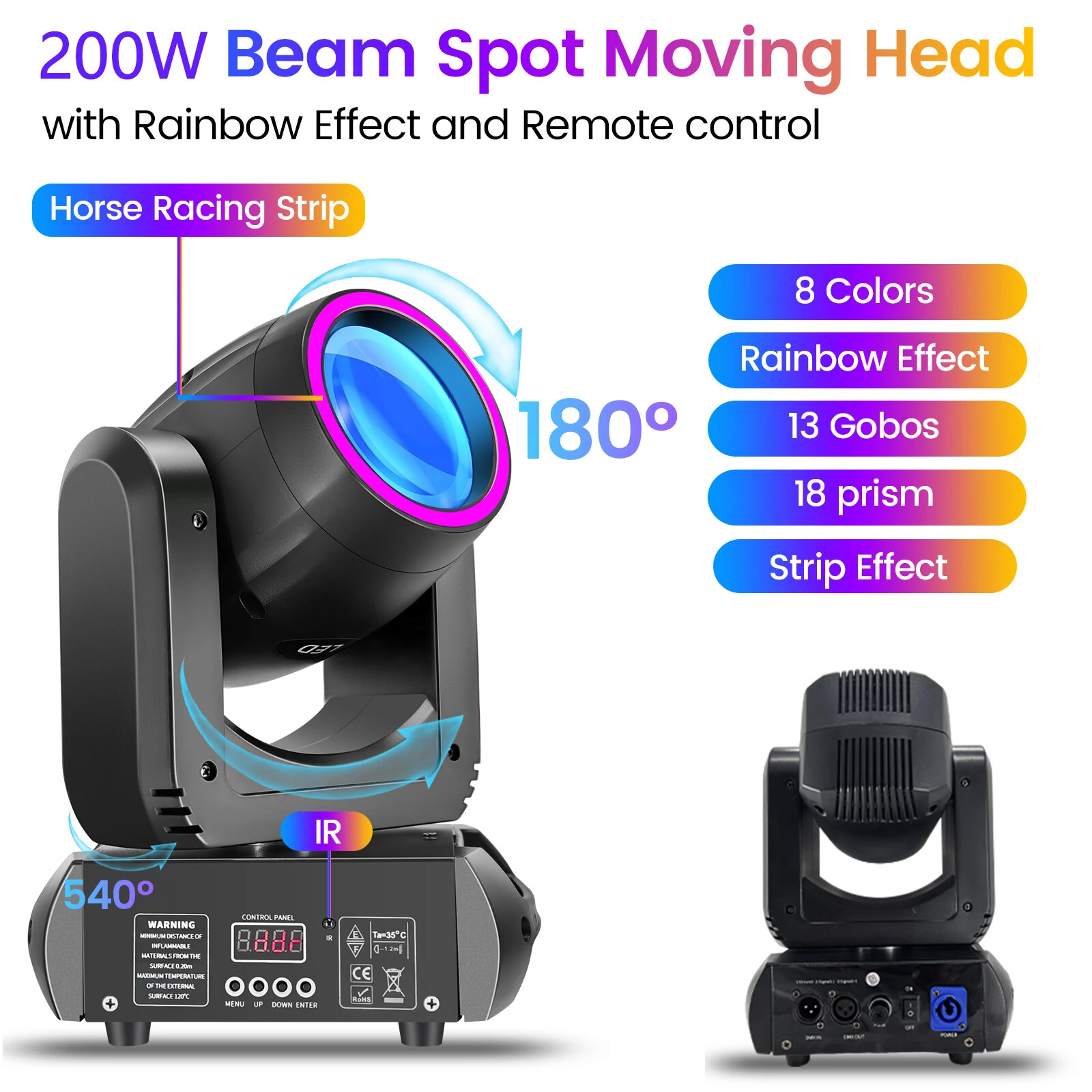 200W Moving Head Beam Pattern Light with Remote Control 13 Gobo 8 Colors DMX 15CH Sound Activated Stage Lighting for Party Club Event — view 2