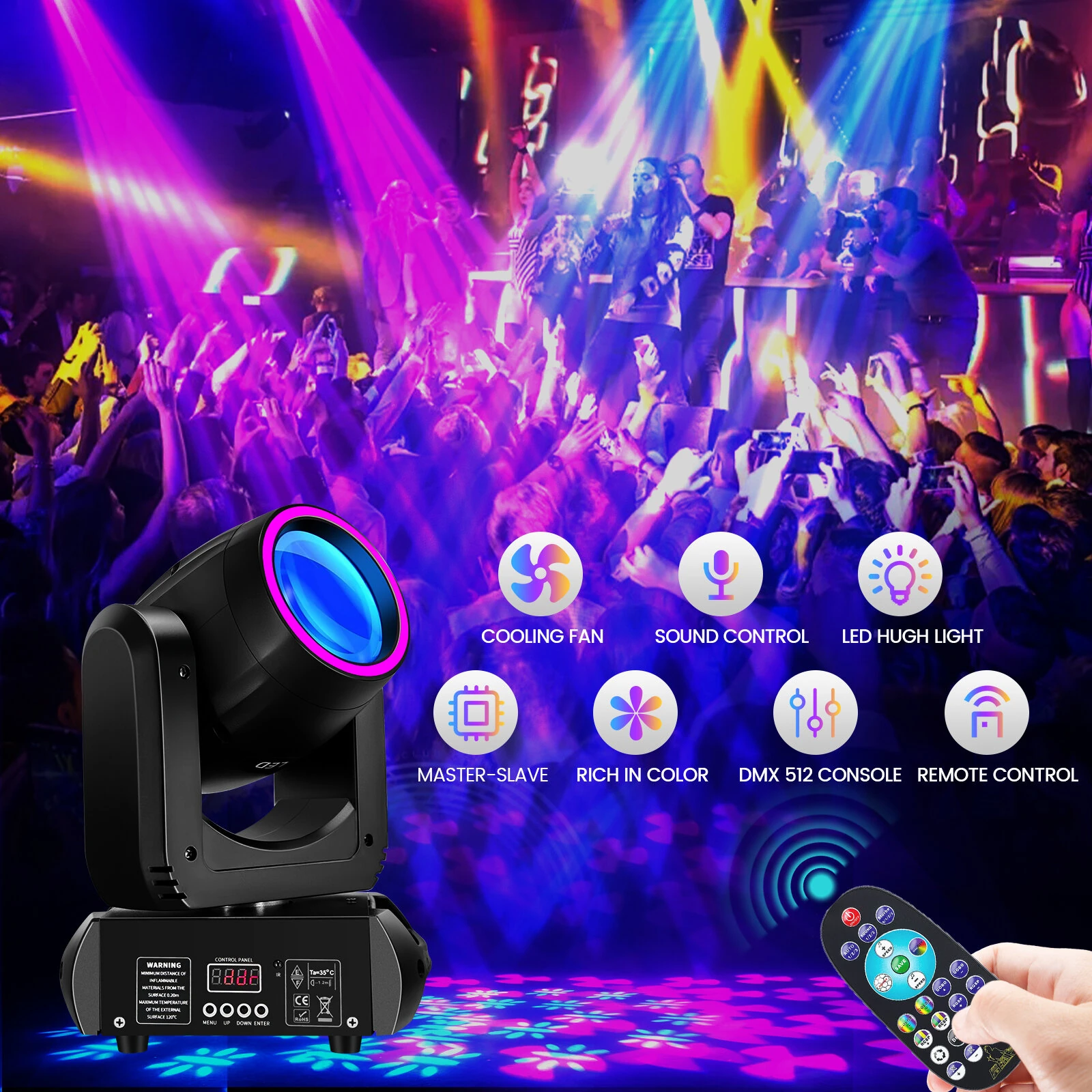 200W Moving Head Beam Pattern Light with Remote Control 13 Gobo 8 Colors DMX 15CH Sound Activated Stage Lighting for Party Club Event — view 6