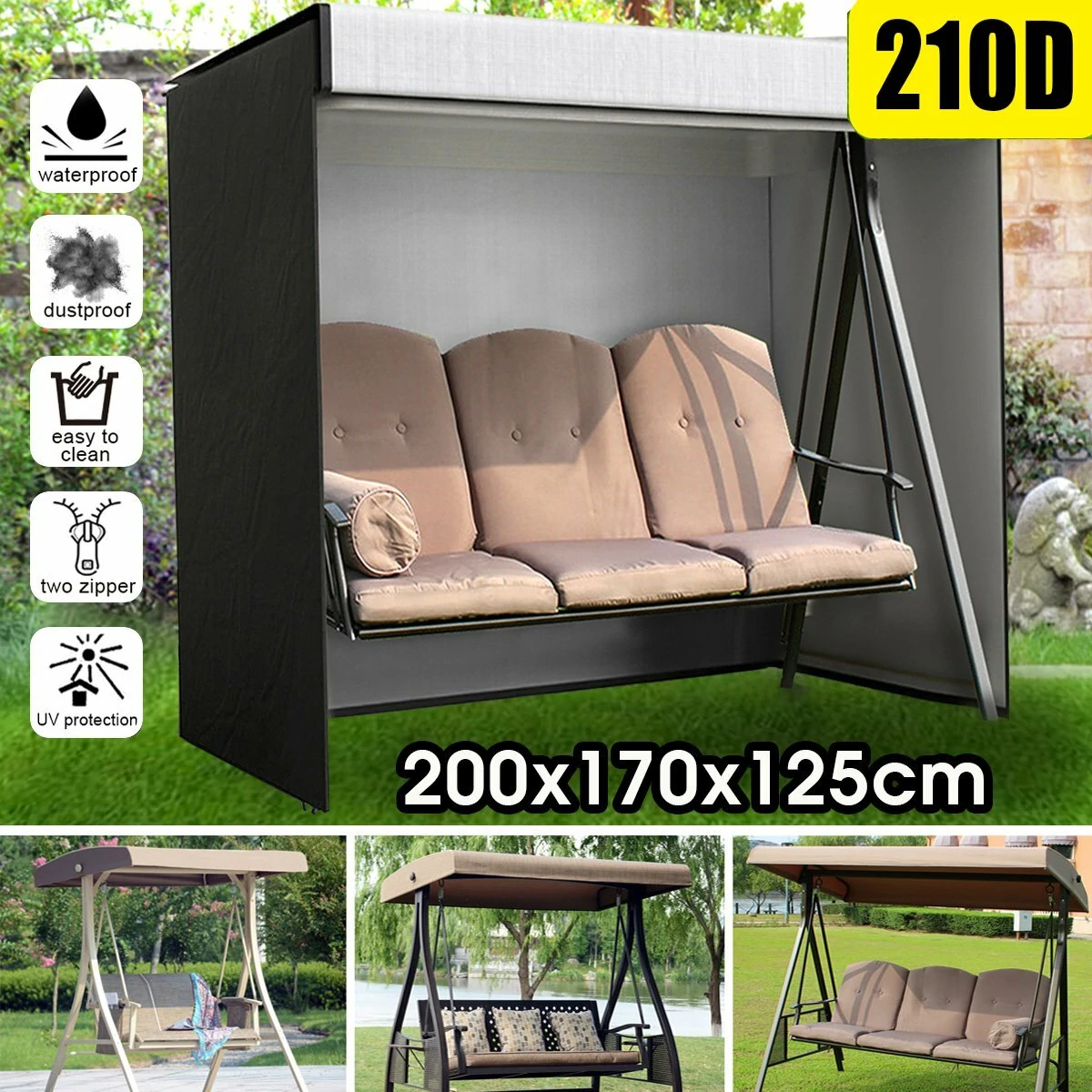 200x170x125cm 210D 3 Seater Swing Seat Chair Hammock Cover Outdoor Furniture Waterproof Cover Garden Yard Sofa Chair Cover Folding Dust Rain Protector — view 8