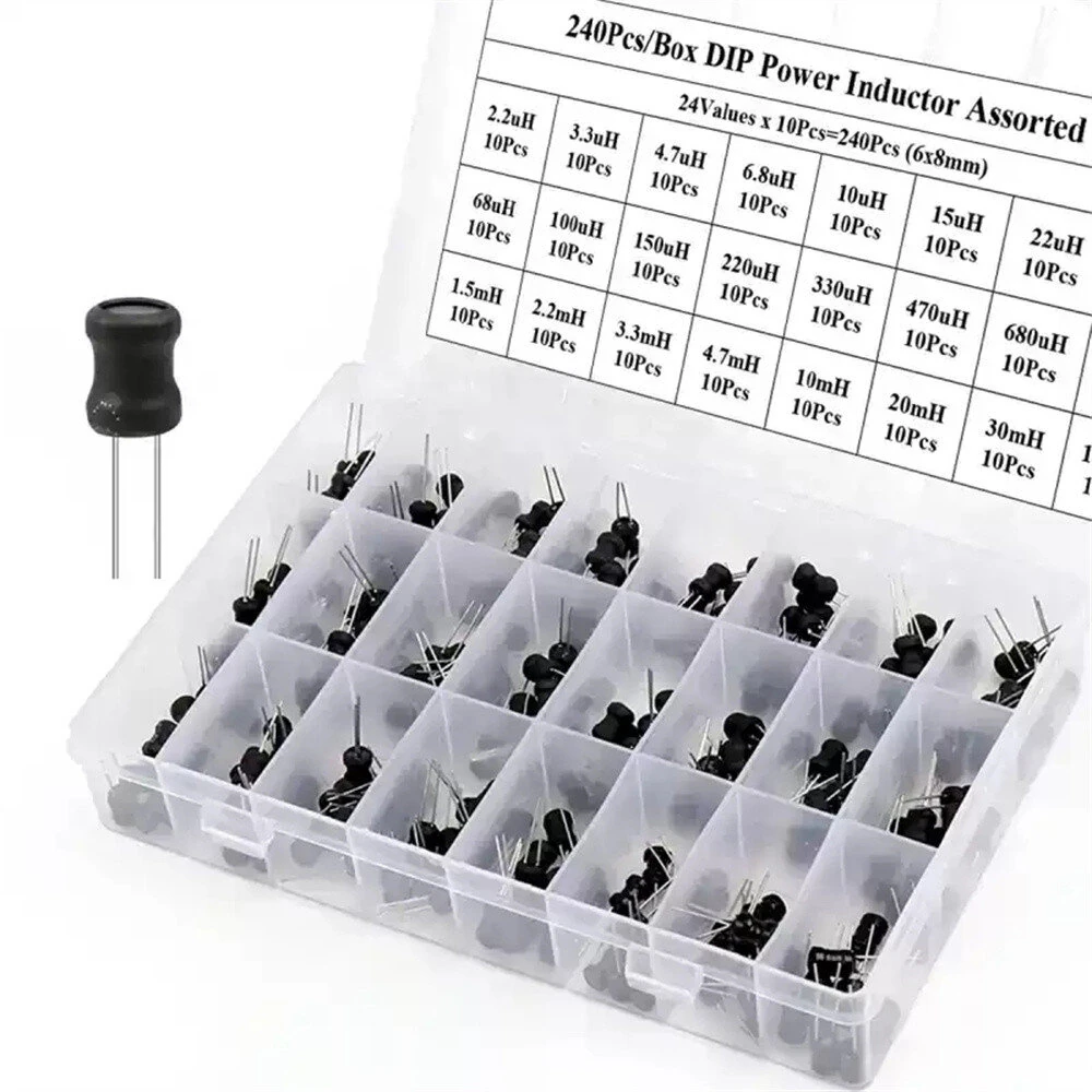 240Pcs 24 Types /Box DIP Power Inductor Assorted Kit 24Values x 10Pcs Inductance 6x8mm 2.2uH-100mH Pin 3mm — image 1