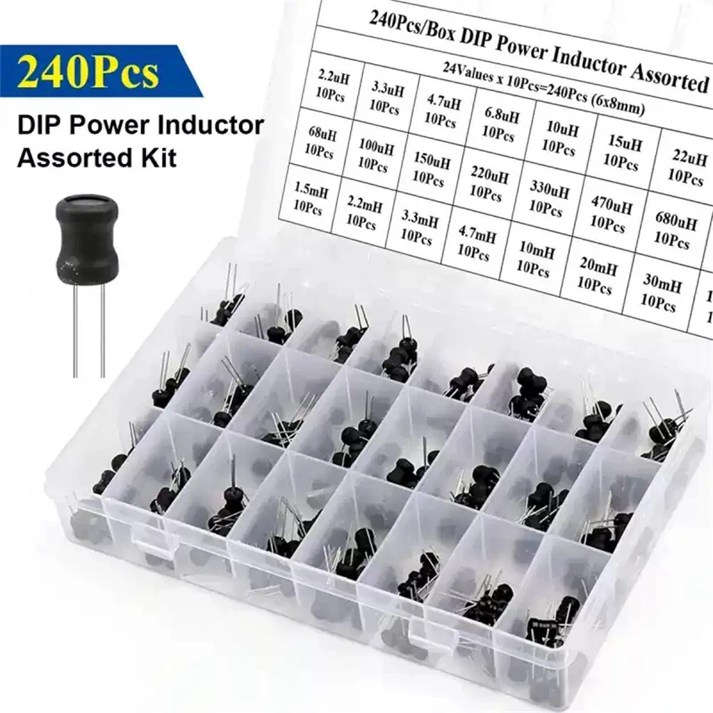 240Pcs 24 Types /Box DIP Power Inductor Assorted Kit 24Values x 10Pcs Inductance 6x8mm 2.2uH-100mH Pin 3mm — view 3