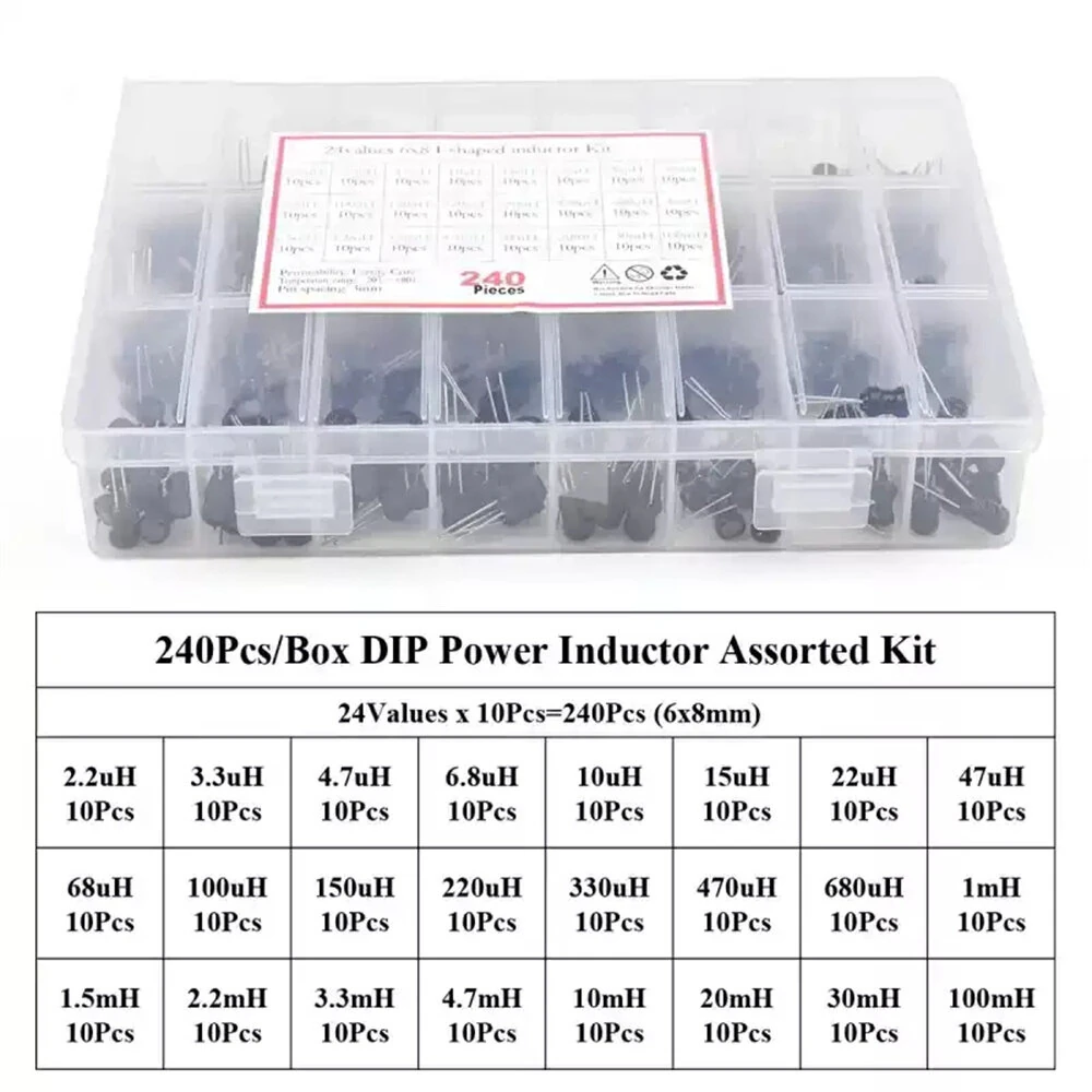 240Pcs 24 Types /Box DIP Power Inductor Assorted Kit 24Values x 10Pcs Inductance 6x8mm 2.2uH-100mH Pin 3mm — view 5