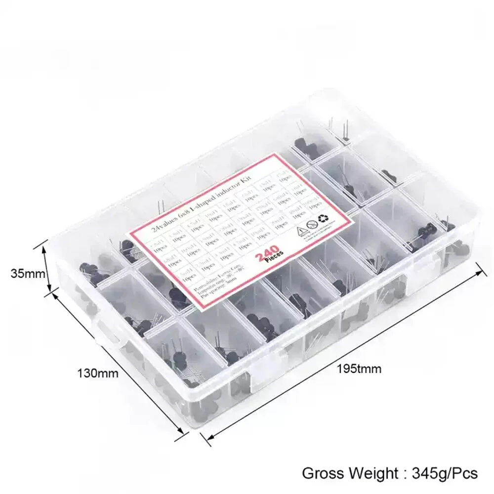 240Pcs 24 Types /Box DIP Power Inductor Assorted Kit 24Values x 10Pcs Inductance 6x8mm 2.2uH-100mH Pin 3mm — view 6