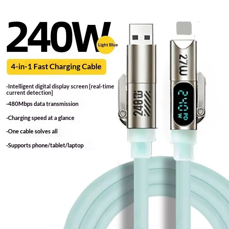 240W 4-in-1 Liquid Silicone Cable USB-A/Type-C to iP/Type-C Cable with LED Digital Display Fast Charging Data Transmission Copper Core Line 1.8M Long for iPhone 17 17Pro Max 16 15 14 13 for Huawei Mate XTs for Xiaomi 17pro for OPPO — view 2