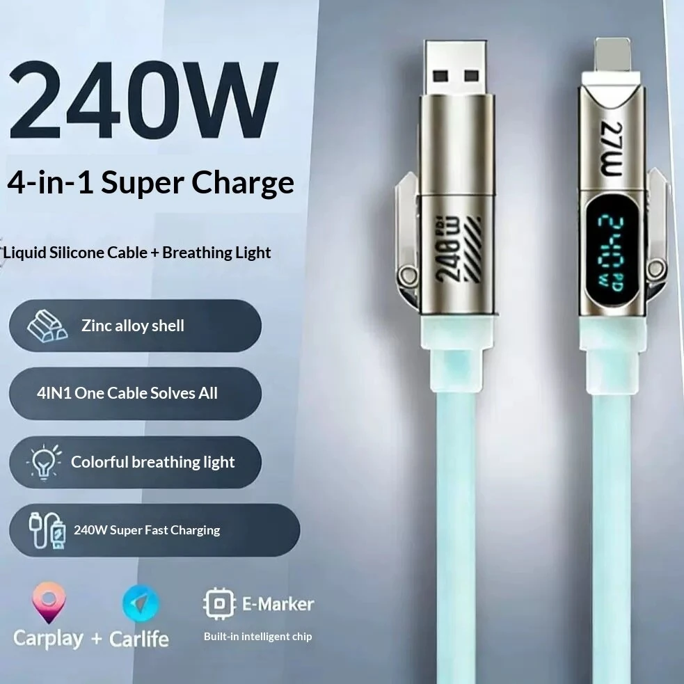 240W 4-in-1 Liquid Silicone Cable USB-A/Type-C to iP/Type-C Cable with LED Digital Display Fast Charging Data Transmission Copper Core Line 1.8M Long for iPhone 17 17Pro Max 16 15 14 13 for Huawei Mate XTs for Xiaomi 17pro for OPPO — view 3