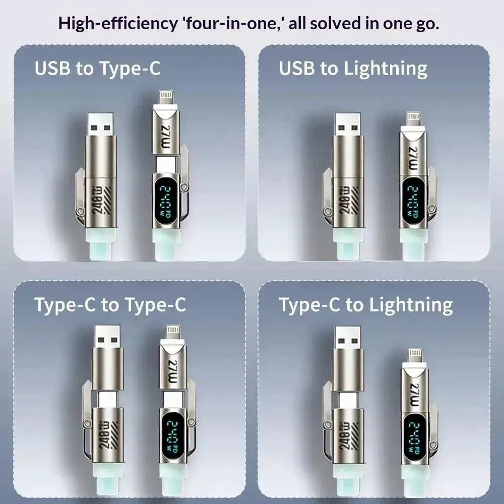 240W 4-in-1 Liquid Silicone Cable USB-A/Type-C to iP/Type-C Cable with LED Digital Display Fast Charging Data Transmission Copper Core Line 1.8M Long for iPhone 17 17Pro Max 16 15 14 13 for Huawei Mate XTs for Xiaomi 17pro for OPPO — view 4