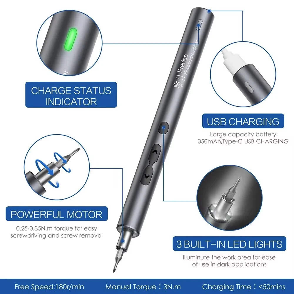 28pcs Rechargeable Electric Screwdriver Set Mini Precision Tool High Torque Magnetic Motor LED Lights Aluminum Shell Type-C Charging Cable — view 2