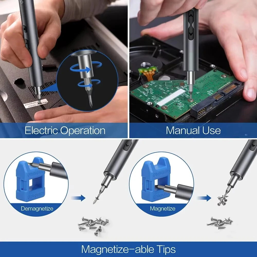 28pcs Rechargeable Electric Screwdriver Set Mini Precision Tool High Torque Magnetic Motor LED Lights Aluminum Shell Type-C Charging Cable — view 4