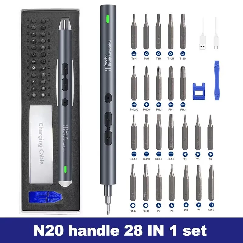 28pcs Rechargeable Electric Screwdriver Set Mini Precision Tool High Torque Magnetic Motor LED Lights Aluminum Shell Type-C Charging Cable — view 5