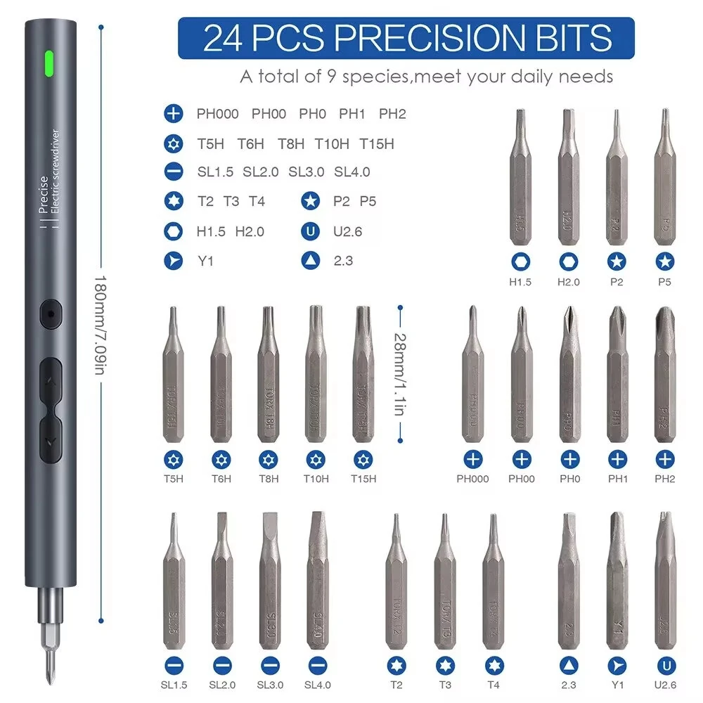 28pcs Rechargeable Electric Screwdriver Set Mini Precision Tool High Torque Magnetic Motor LED Lights Aluminum Shell Type-C Charging Cable — view 6