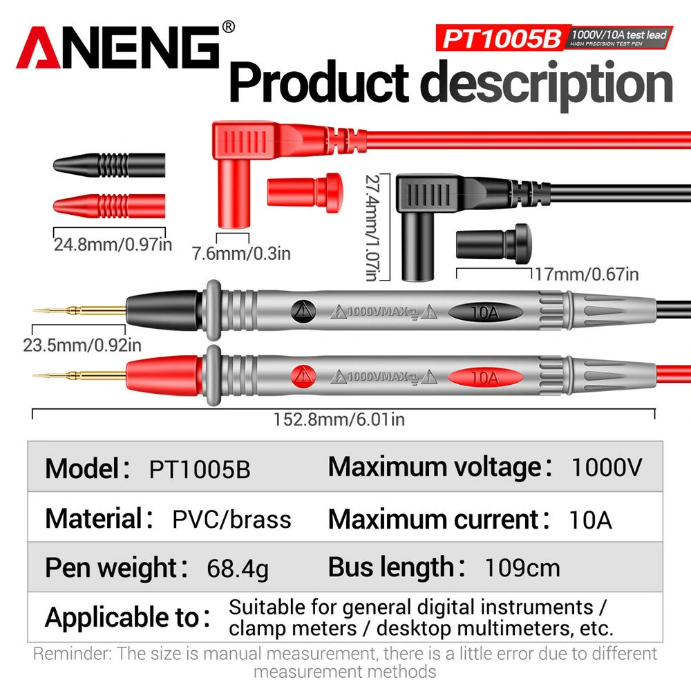 2Pcs ANENG PT1005B 10A 1000V Digital Multimeter Probe Universal Test Lead Needle Pin Wire Pen Cable Kit Current Voltmeter Tester Wire — view 5