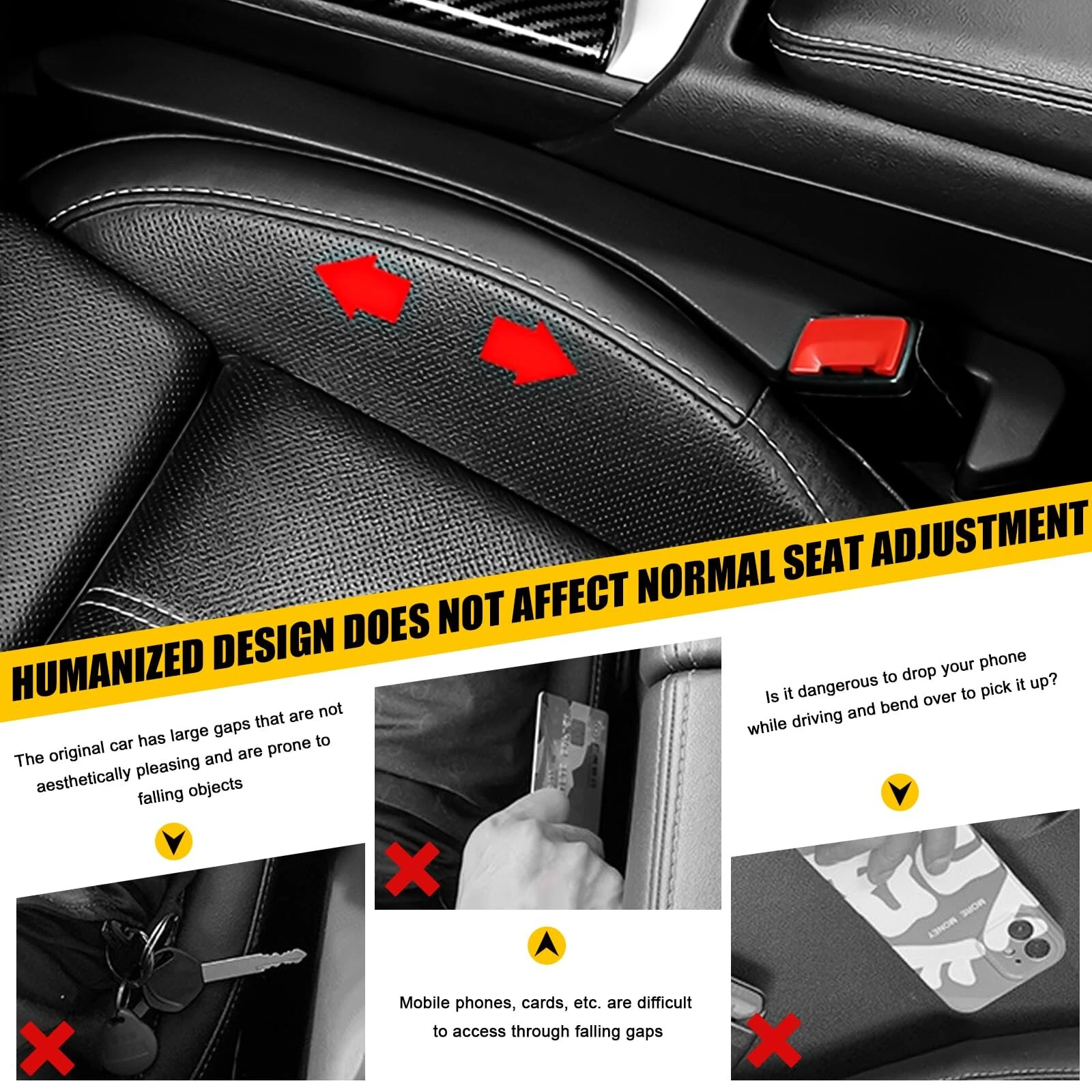 2PCS Car Seat Leak-proof Plug Strip Seat Storage Box Car Seat Gap Plug Car Seat Gap Filler with Seat Belt Holes Car Gap Strip Stop Cellphone Wallet Keys Coins From Dropping — view 2