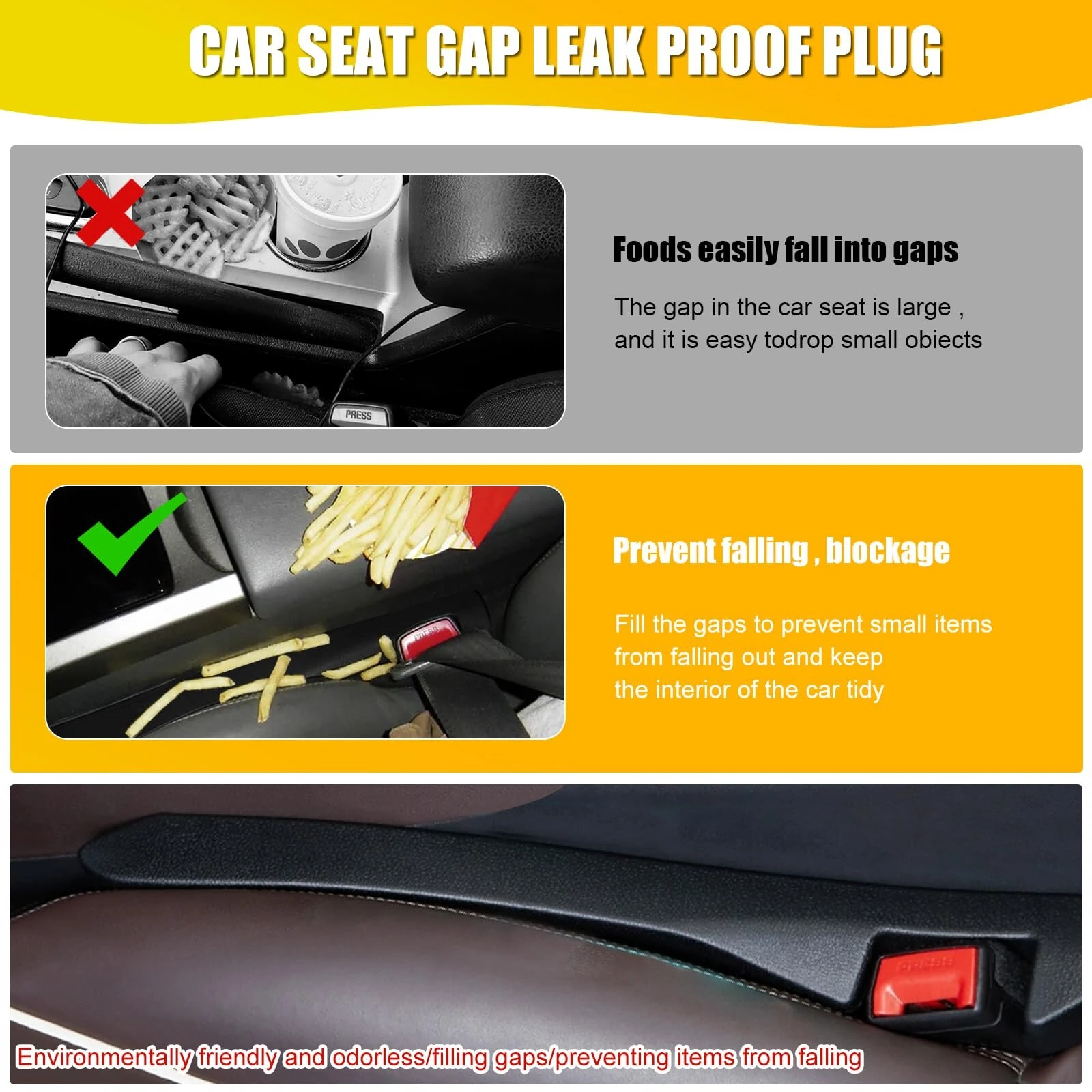 2PCS Car Seat Leak-proof Plug Strip Seat Storage Box Car Seat Gap Plug Car Seat Gap Filler with Seat Belt Holes Car Gap Strip Stop Cellphone Wallet Keys Coins From Dropping — view 3