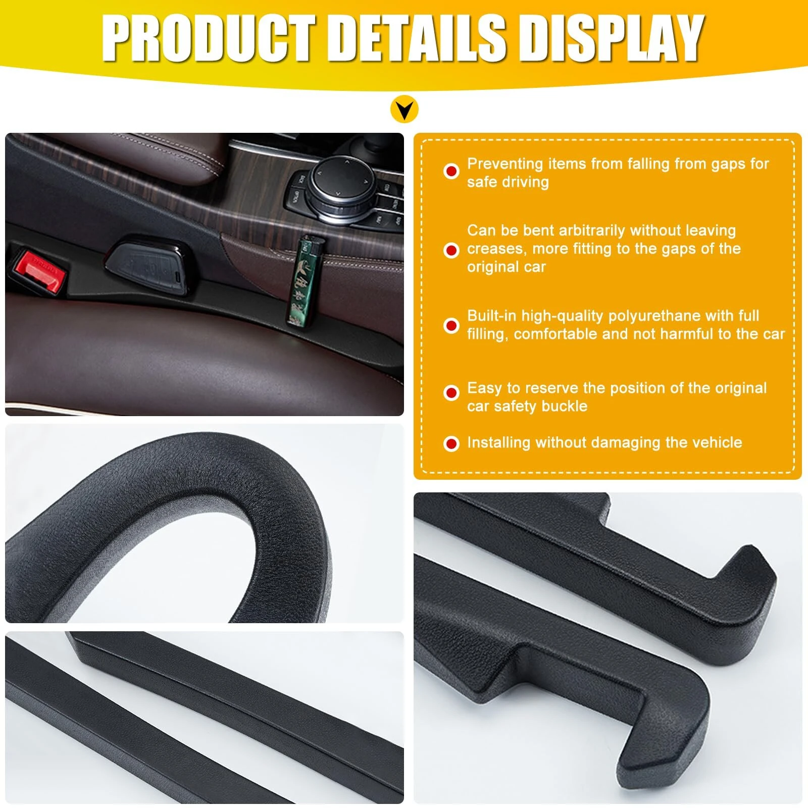 2PCS Car Seat Leak-proof Plug Strip Seat Storage Box Car Seat Gap Plug Car Seat Gap Filler with Seat Belt Holes Car Gap Strip Stop Cellphone Wallet Keys Coins From Dropping — view 4