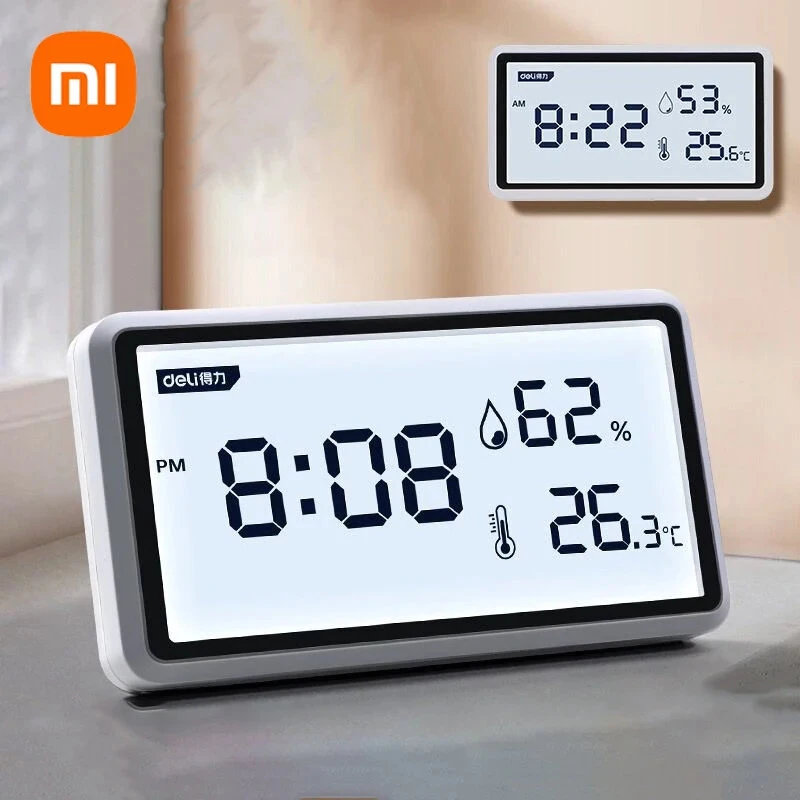 2Pcs Deli Electronic Thermometer Hygrometer Weather Station with High Precision 0.1℃ Temperature Humidity LCD Display Clock Function Long Battery Life- Ultimate Indoor Weather Monitoring Station — view 2