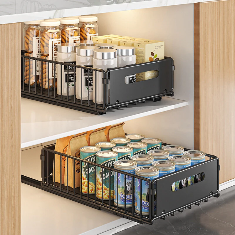 2PCS Kitchen Sink Rack Retractable Metal Basket Double Layer Seasoning Snack Bottle Pull Out Storage Rack Cabinet Layered Rack — image 1