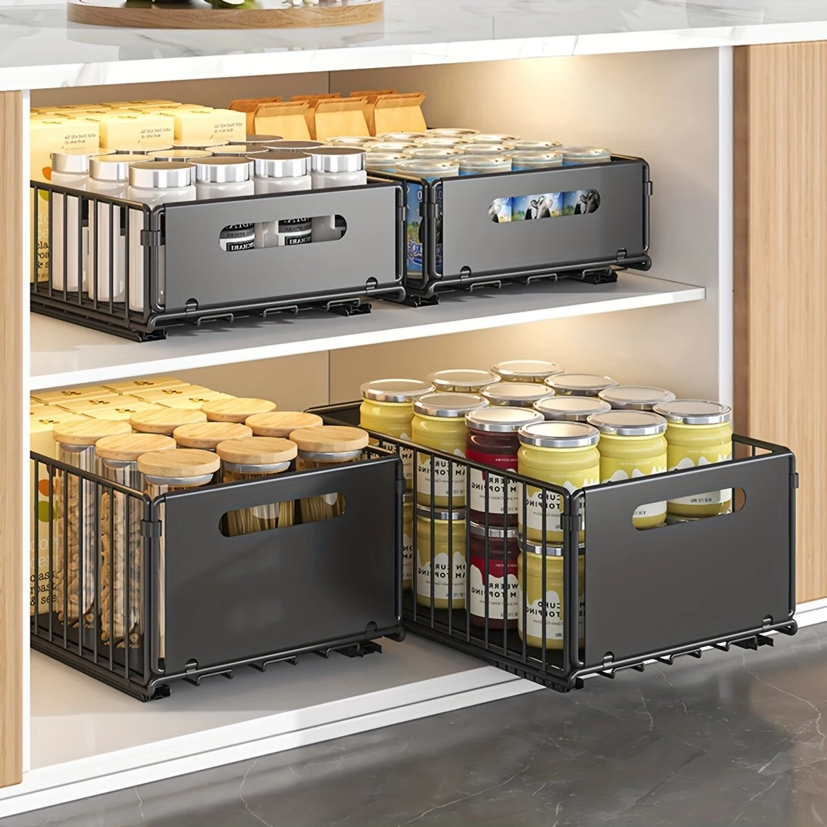 2PCS Kitchen Sink Rack Retractable Metal Basket Double Layer Seasoning Snack Bottle Pull Out Storage Rack Cabinet Layered Rack — view 10