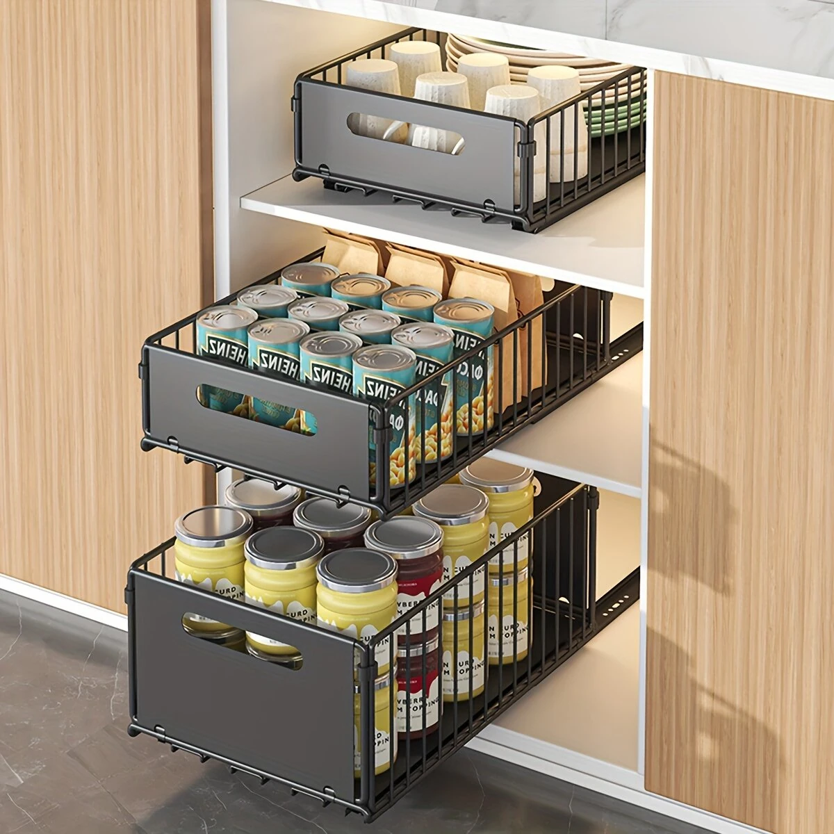 2PCS Kitchen Sink Rack Retractable Metal Basket Double Layer Seasoning Snack Bottle Pull Out Storage Rack Cabinet Layered Rack — view 2