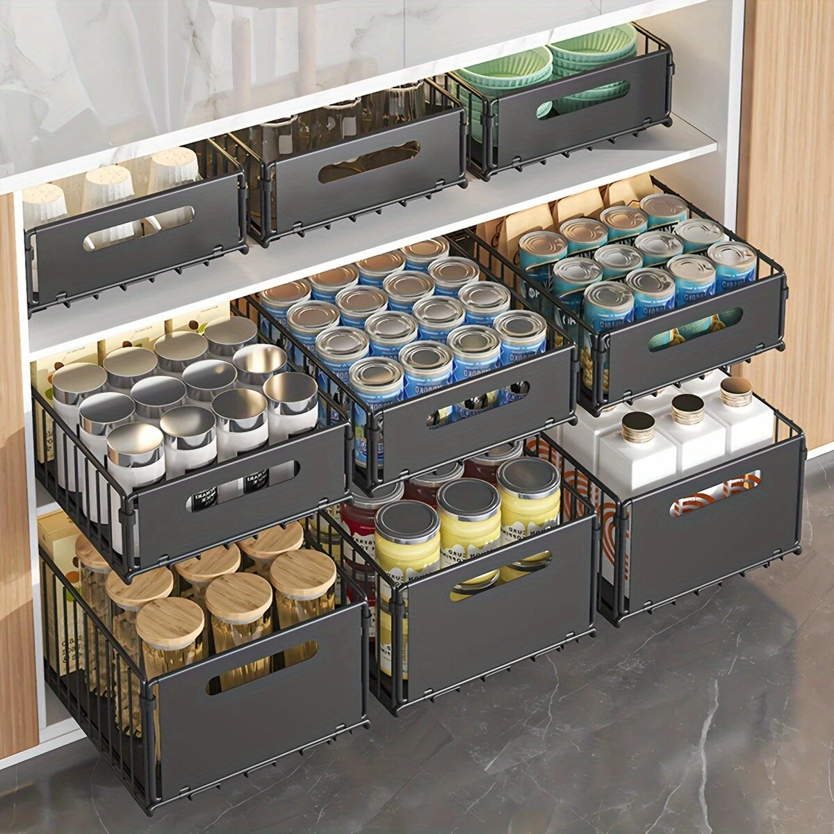 2PCS Kitchen Sink Rack Retractable Metal Basket Double Layer Seasoning Snack Bottle Pull Out Storage Rack Cabinet Layered Rack — view 3