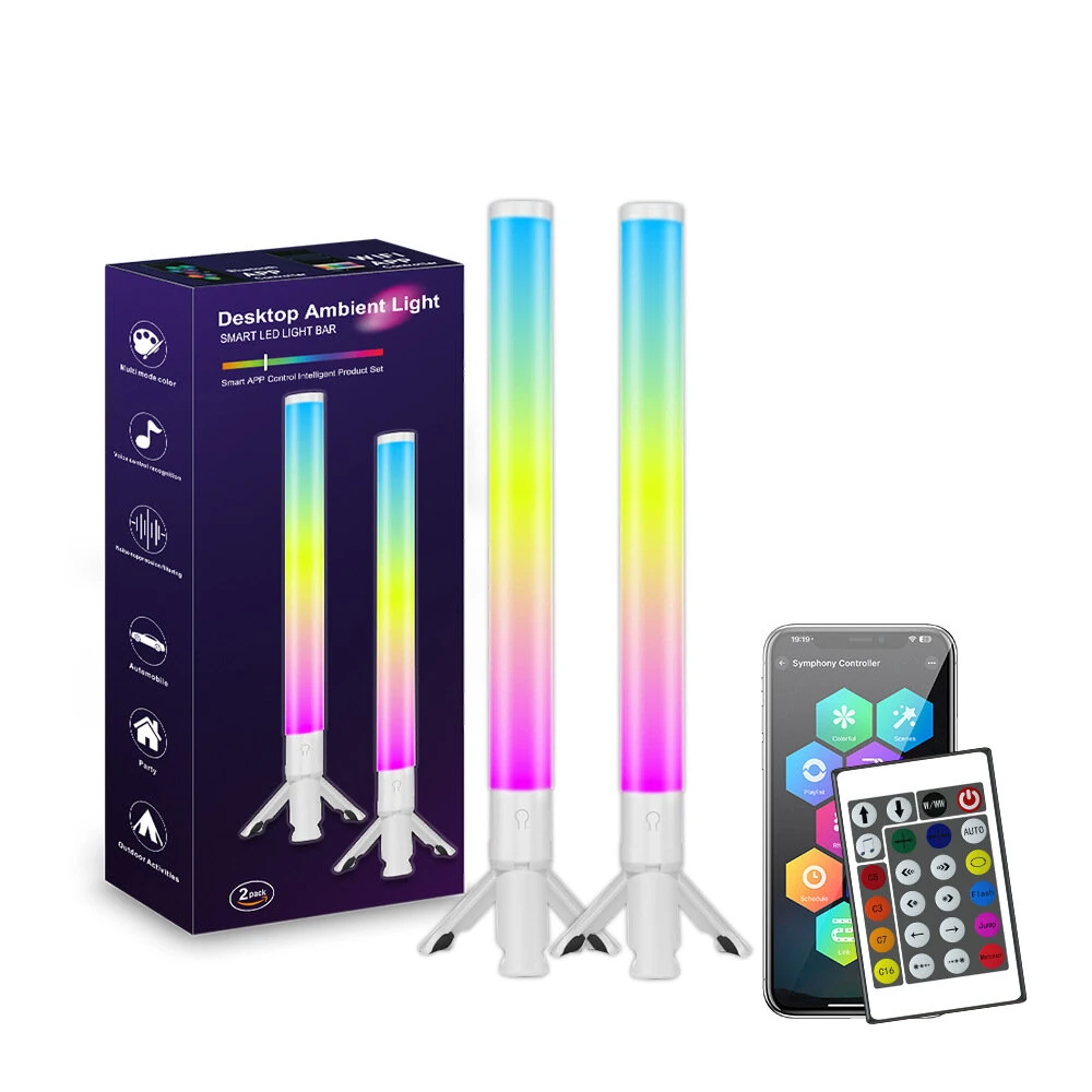 2Pcs Smart RGB LED Light Bars 360° Surround Lighting Music Sync Bluetooth APP Control Timer LED Ambient Lamp Gaming Room Decorations