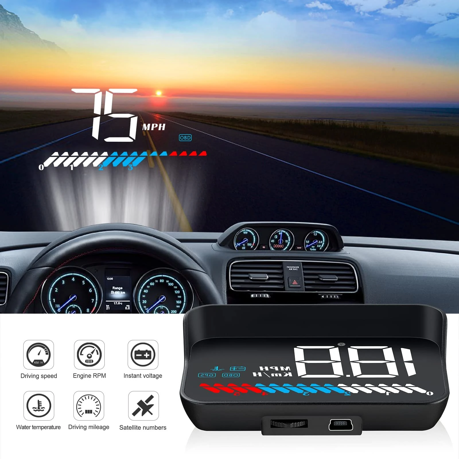 3.5inch LED Screen Car HUD Head-Up Display Car OBD Universal Speedometer Water Temperature High-Definition Suspension Projector — view 3