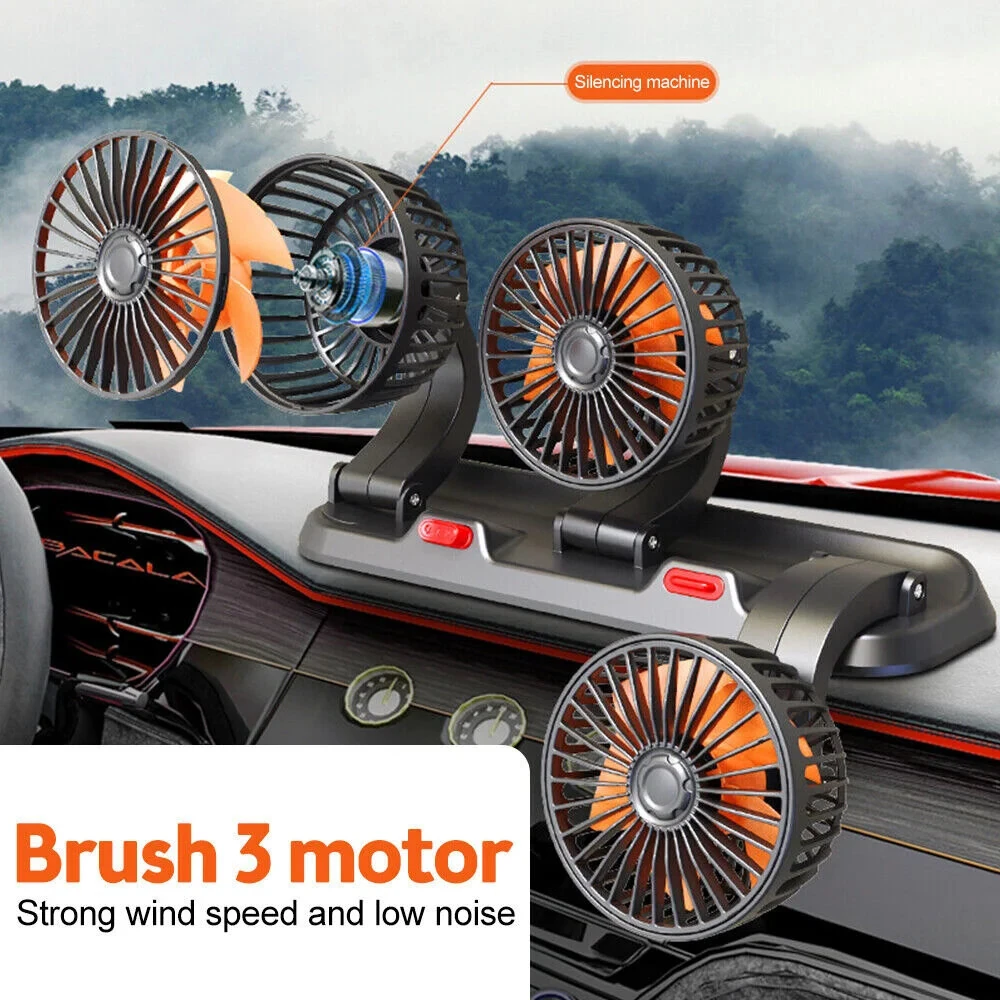 3 Head Car Fan 360° Adjustable Automotive Air Fan 5V USB Charging 12V 24V Low Noise Universal Auto Vehicle Fan — view 3