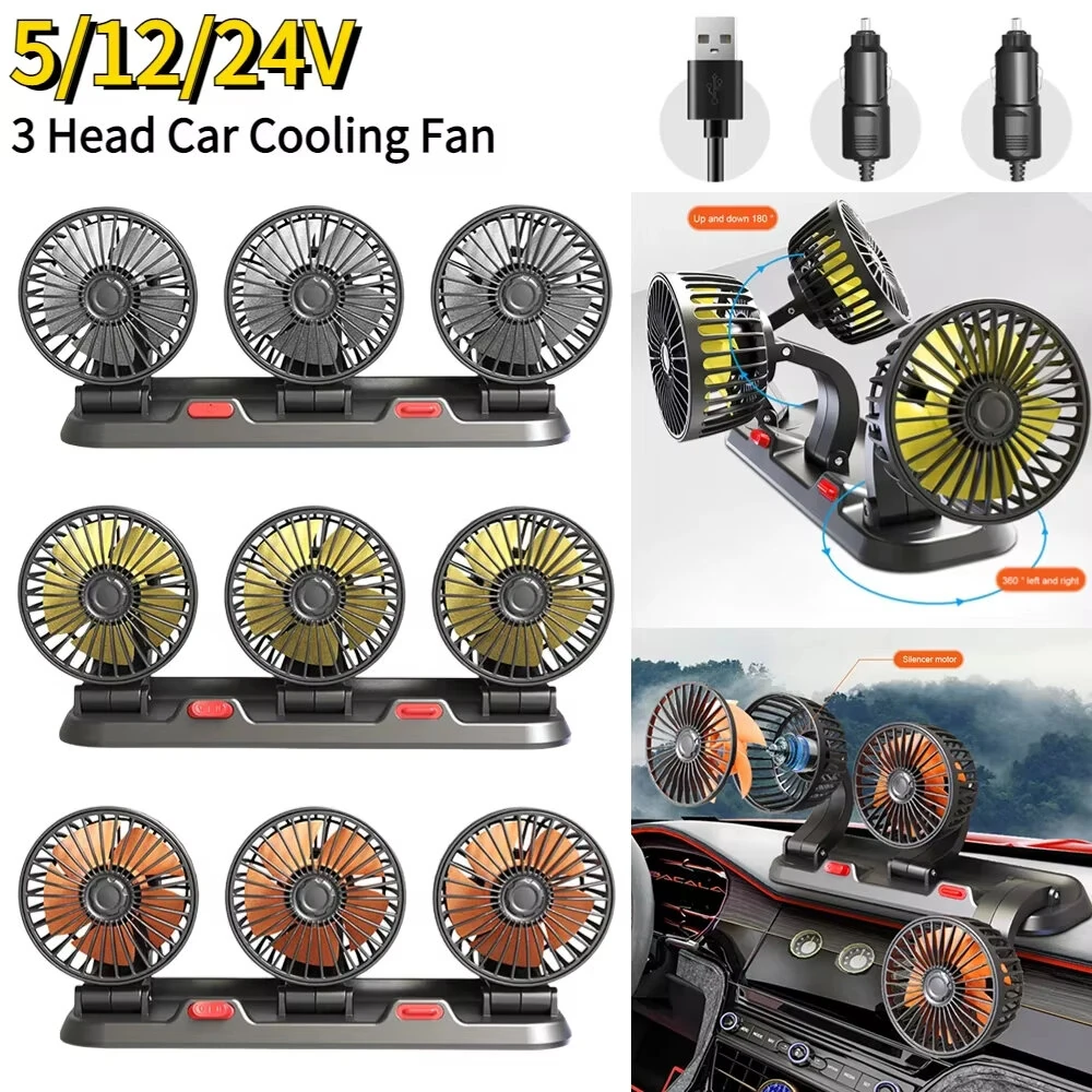 3 Head Car Fan 360° Adjustable Automotive Air Fan 5V USB Charging 12V 24V Low Noise Universal Auto Vehicle Fan — view 6