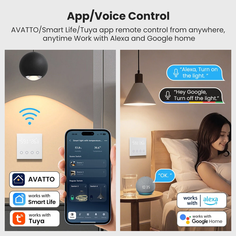 3 in 1 10A Tuya WiFi Smart Light Switch with Temperature Humidity Sensor LCD Display Scene Switch Timing Function APP & Voice Control with Alexa Google Home — view 3
