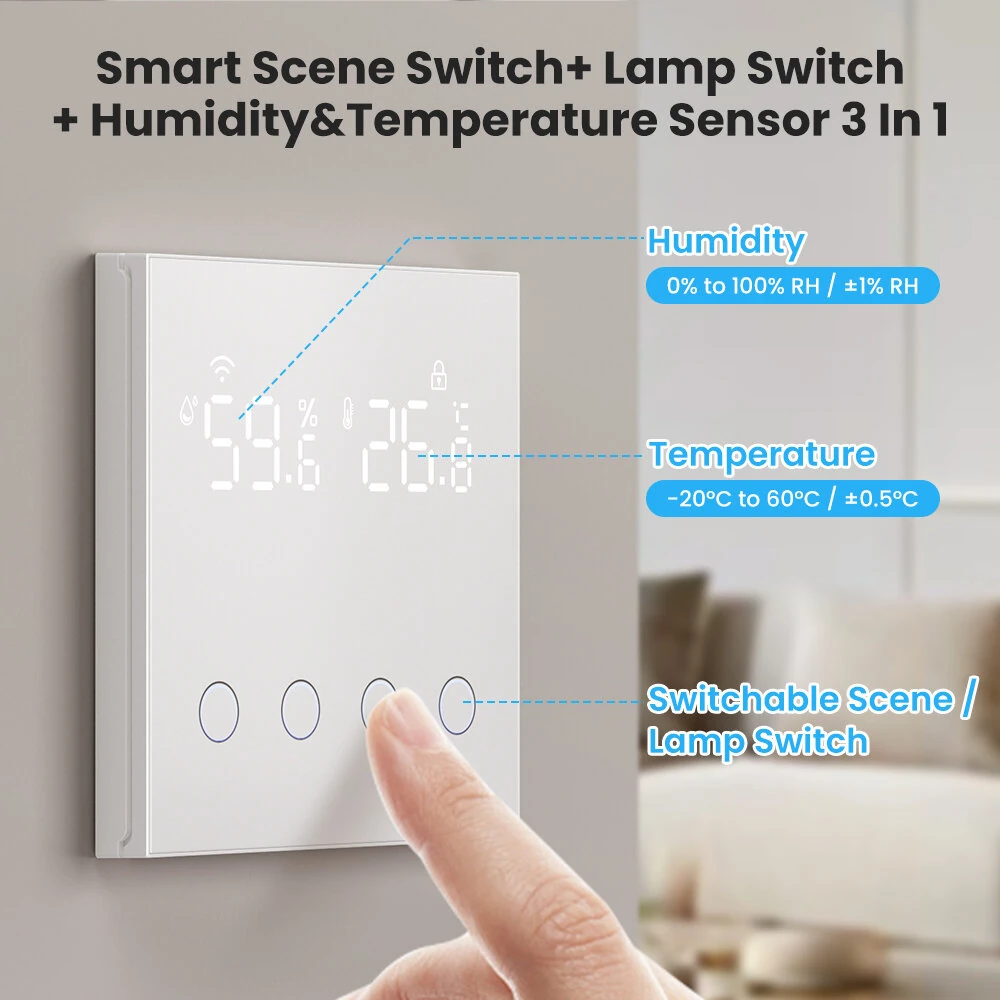 3 in 1 10A Tuya WiFi Smart Light Switch with Temperature Humidity Sensor LCD Display Scene Switch Timing Function APP & Voice Control with Alexa Google Home — view 4