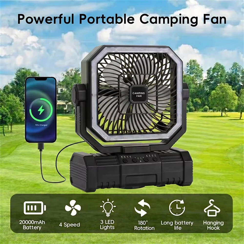 3-in-1 Car Fan Cooling Tool LED Lighting 20000mAh Power Bank Remote Control 4 Speed 270° Tilt Head 360° Rotatable Hook Universal Vehicle Cooling Fan — view 2