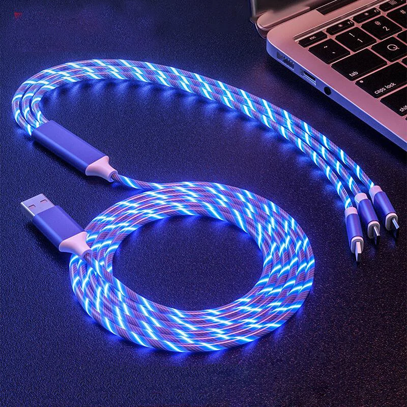 3 in 1 Glowing Cable LED Light USB to Type-C/Micro/iP Cable Fast Charging 1M Long for iPhone 14 Pro for iPad Pro for Huawei P50 for ViVo Y70s for Xiaomi Mi 13 — view 2