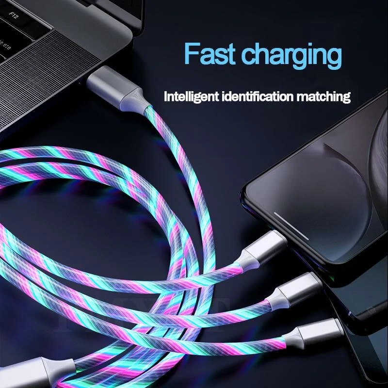 3 in 1 Glowing Cable LED Light USB to Type-C/Micro/iP Cable Fast Charging 1M Long for iPhone 14 Pro for iPad Pro for Huawei P50 for ViVo Y70s for Xiaomi Mi 13 — view 7
