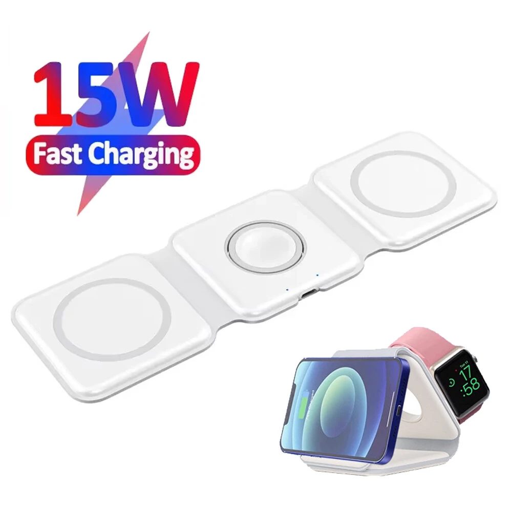 3-in-1 Magnetic Wireless Charger Foldable Design 15W Fast Charging Multi-Device Compatibility for iPhone AirPods Watch Portable Travel Charge — Pricio