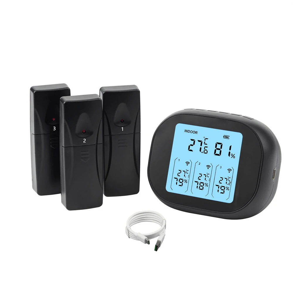 3-in-1 Wireless Hygrometer with Dual Sensors Indoor Outdoor Temperature Humidity Gauge 433Mhz 100m Range USB Charging 2000mAh Battery Max Min Memory Adjustable Brightness — view 3
