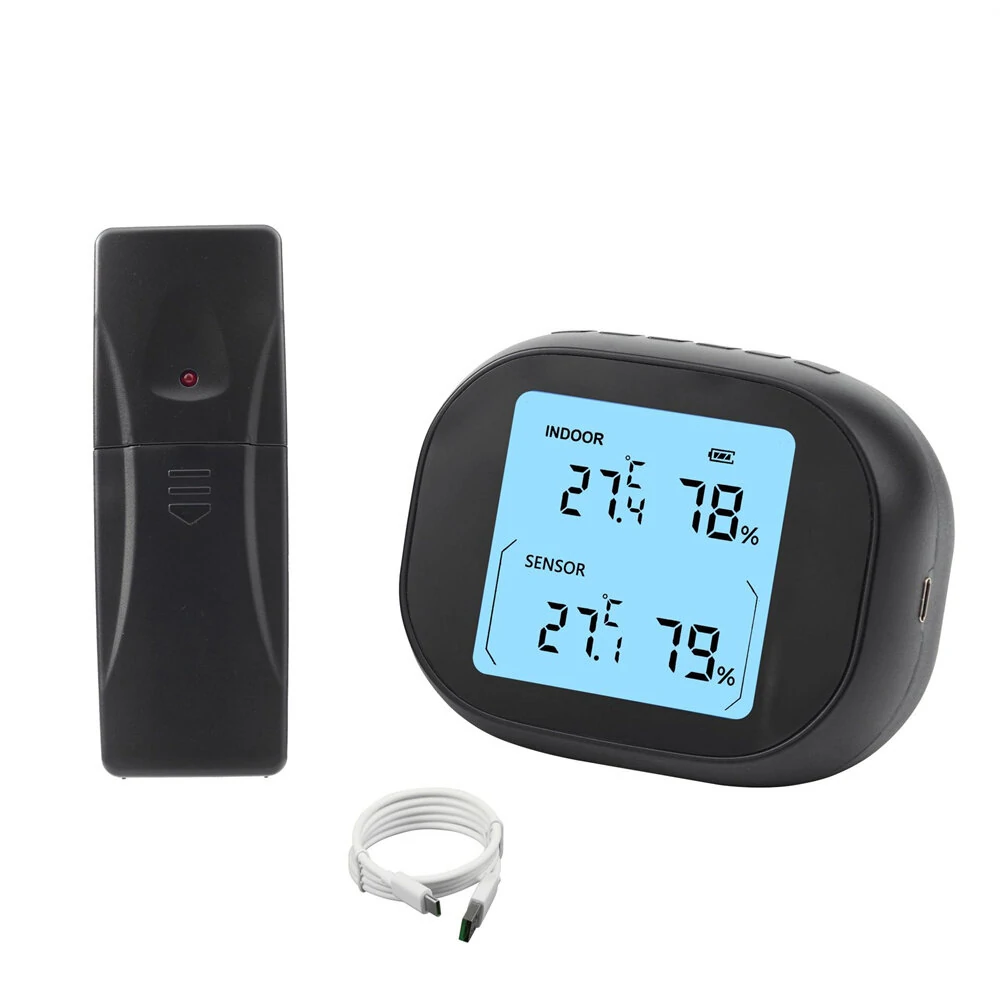 3-in-1 Wireless Hygrometer with Dual Sensors Indoor Outdoor Temperature Humidity Gauge 433Mhz 100m Range USB Charging 2000mAh Battery Max Min Memory Adjustable Brightness — view 4