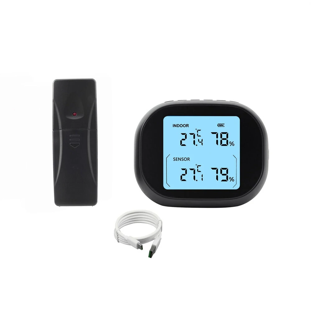 3-in-1 Wireless Hygrometer with Dual Sensors Indoor Outdoor Temperature Humidity Gauge 433Mhz 100m Range USB Charging 2000mAh Battery Max Min Memory Adjustable Brightness — view 5